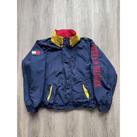 Vintage Tommy Hilfiger Jacket Rare Streetwear Hype XLarge Blue Yellow Red Patch - Picture 1 of 16